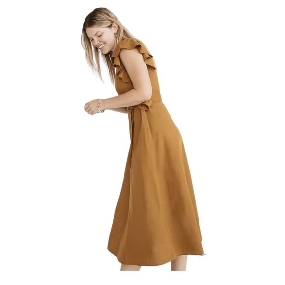 Madewell Women's Linen-Blend Ruffle Cap Sleeve Wrap Midi Dress Size XS NWT - Picture 4 of 10